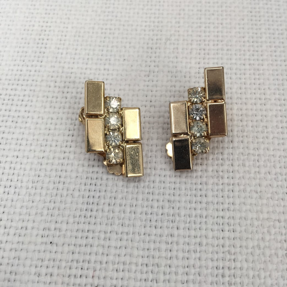 Vintage Fashion Earrings Clip ON Goldtone and Crystal Ultra Modern MCM