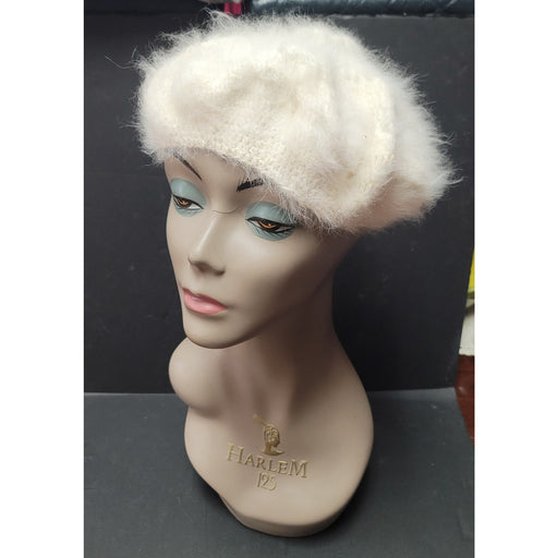 VINTAGE Angora beret fluffy cream hat floral detail on top luxurious one Size