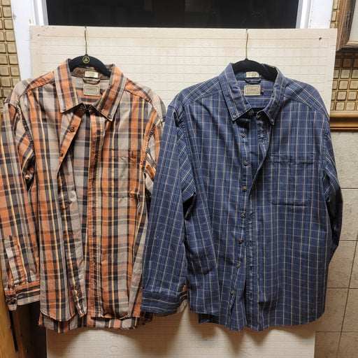 Pair men's LARGE CE Schmidt workwear shirts Long sleeve plaid lot 2 blue brown