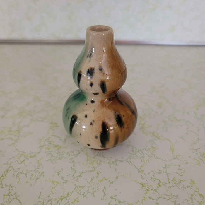 Ceramic Gourd neck potter vase green brown mini mottled glaze 4" tall