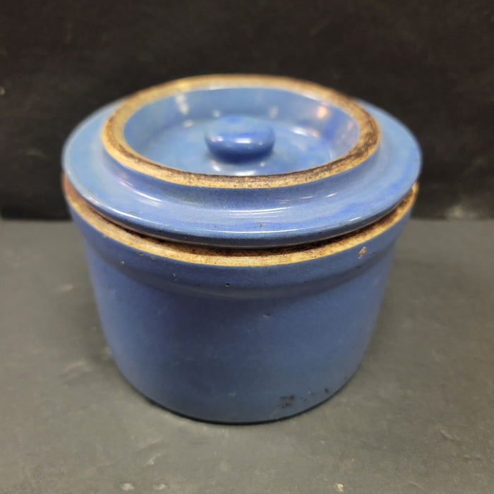 Antique Butter c. 1920 Country Blue Stoneware Crock w/ Original Lid