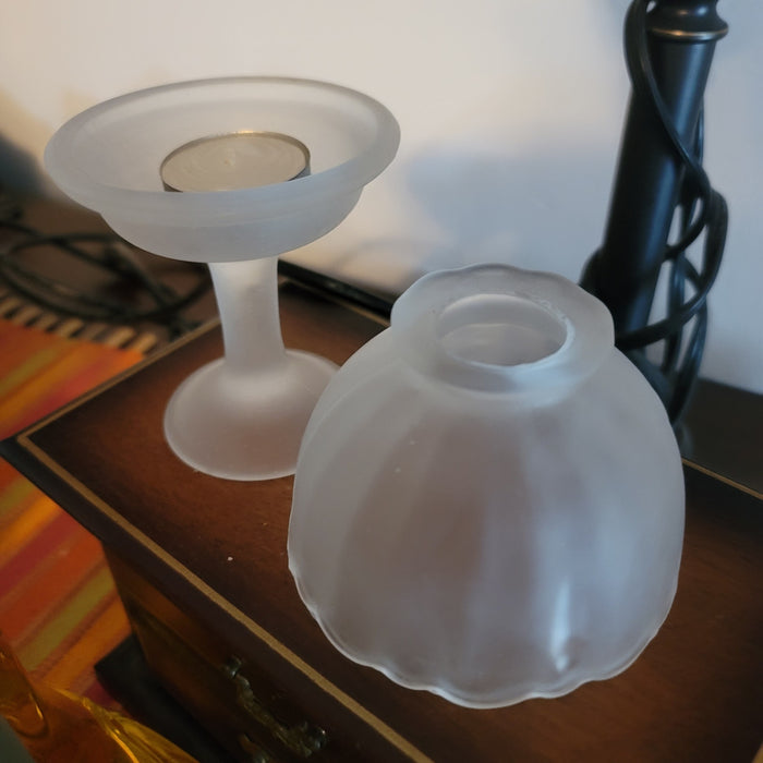 Frosted Glass Fairy Lamp Candle Vintage 2 Piece Footed Stand Tulip Shaped Top