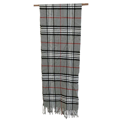 Burberry Made in Scotland 100% Cashmere Plaid Scarf 67x12" in Gray Black Red NWT