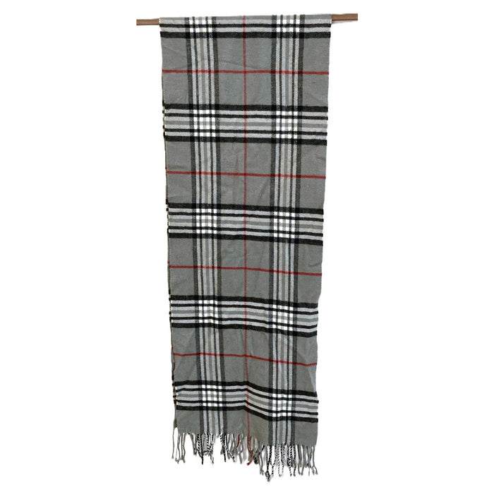 Burberry Made in Scotland 100% Cashmere Plaid Scarf 67x12" in Gray Black Red NWT