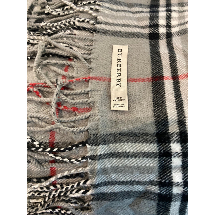 Burberry Made in Scotland 100% Cashmere Plaid Scarf 67x12" in Gray Black Red NWT