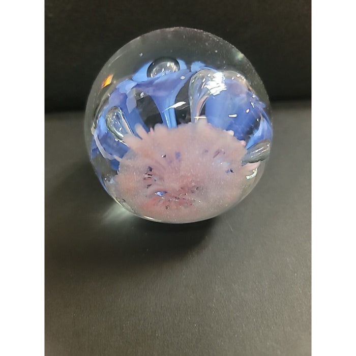 Handmade UnSigned Blue Lily Pink Clear Glass Paperweight Art Glass Pontil