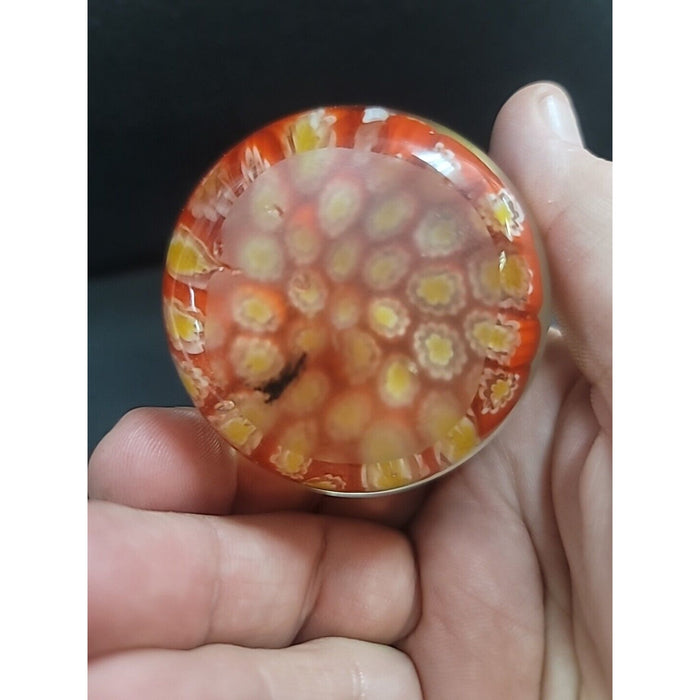 Vintage Millefiori Art Glass 2” Round Paperweight Red Yellow Flower Murano Style