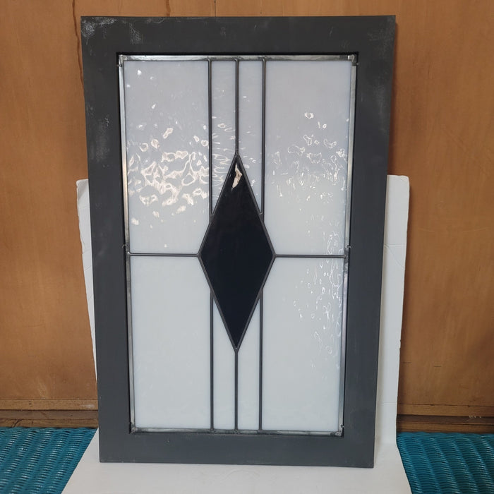 Stained glass Panel Geometric Art Deco gray black white Diamond Framed 26" x 18"