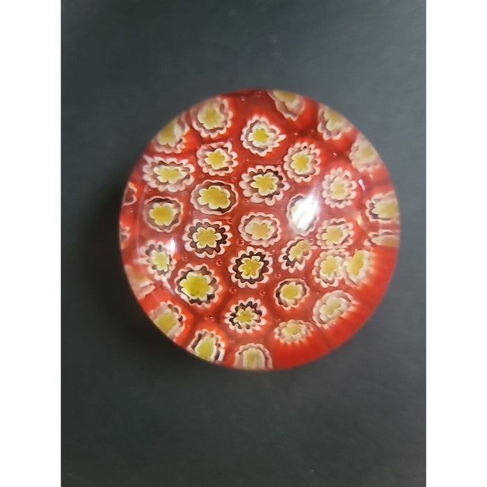 Vintage Millefiori Art Glass 2” Round Paperweight Red Yellow Flower Murano Style