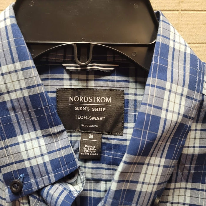 Nordstrom Men's Shop Tech-Smart Regular Fit Medium blue Plaid Dress Shirt button