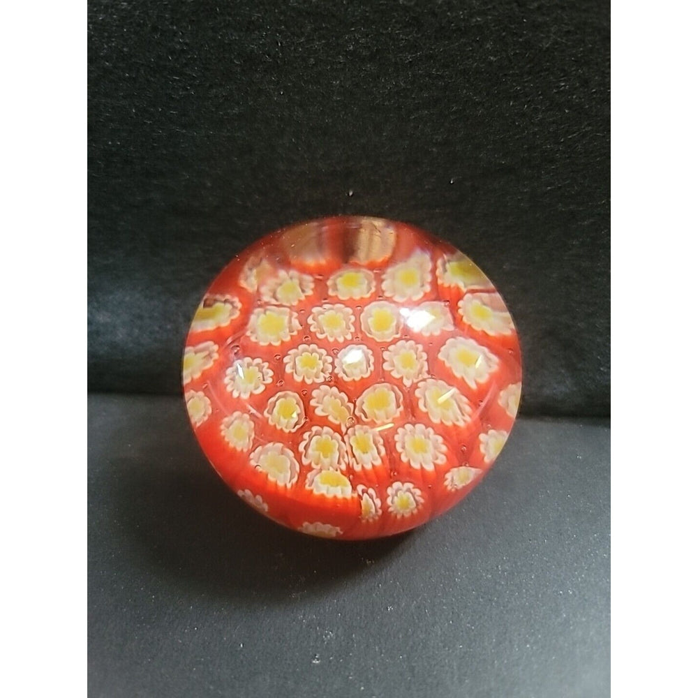 Vintage Millefiori Art Glass 2” Round Paperweight Red Yellow Flower Murano Style