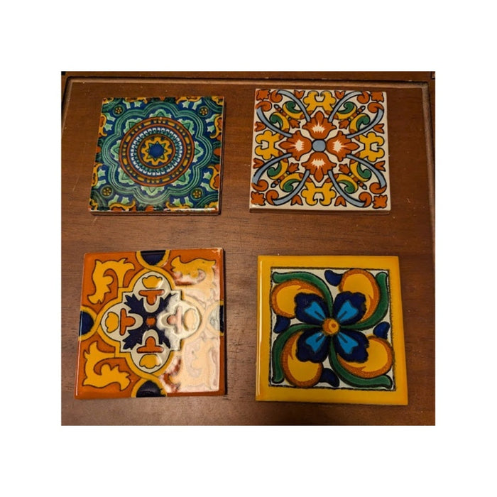 Hand-painted Mexican tiles Set of 4 New Talavera 4"x4" Multicolor Coasters Decor