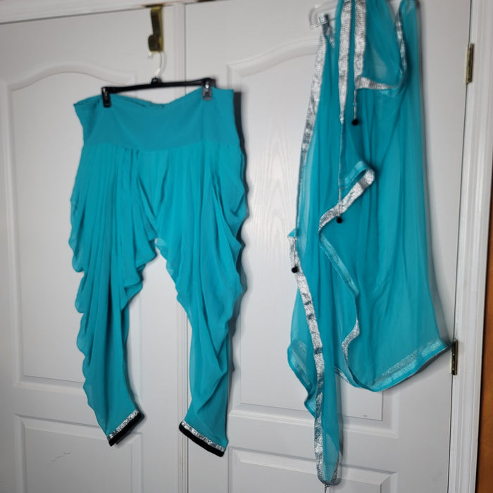 Teal 2pc. Genie boho Pants Scarf Silver sparkle Medium/Large Cinch waist harem