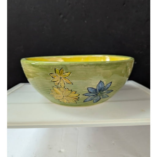 Handmade art pottery bowl Adorable floral motif large 9" clay glazed Signed