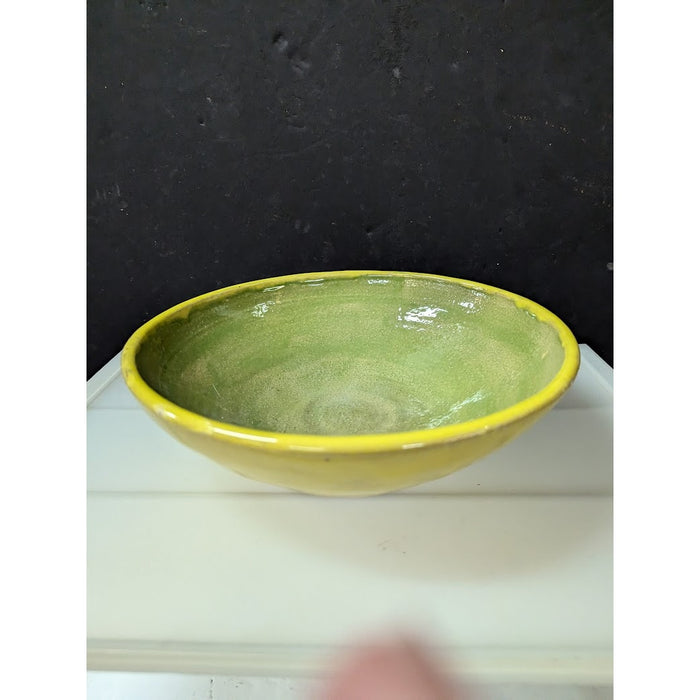 Art Pottery clay handmade bowl yellow with green interior large 9" wide sign TD