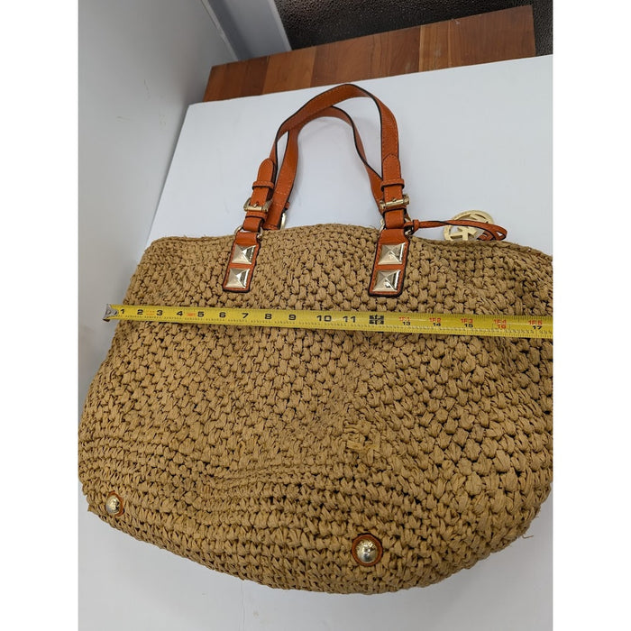 Michael Kors Santorini Large Straw Basket Tote Beach Bag Orange Leather Trim