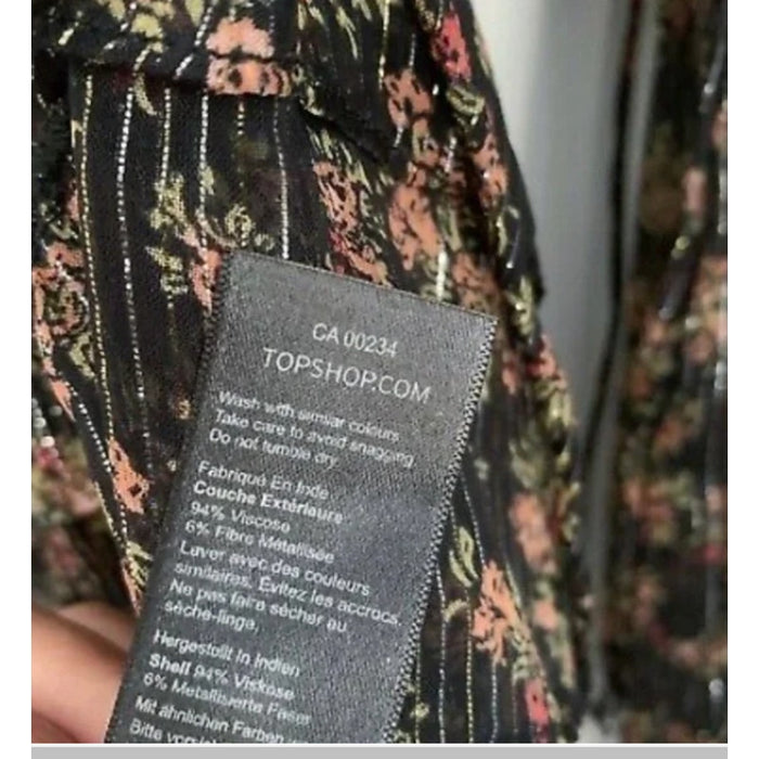 NEW Topshop Black Floral Stripe Button Front Blouse With Lurex & Ruffles Size 6