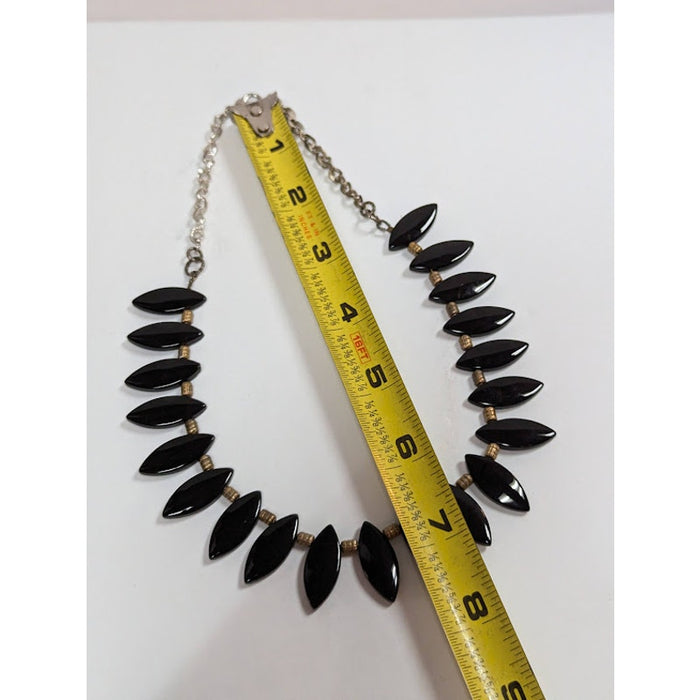 Vintage Fashion Necklace Black Obsidian glass Goldtone beads silvertone chain