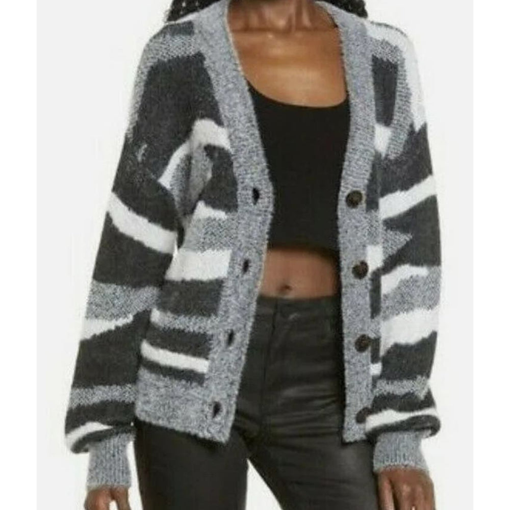 Leith Soft Fuzzy Button Cardigan Sweater LARGE NEW  Black Zebra NWT