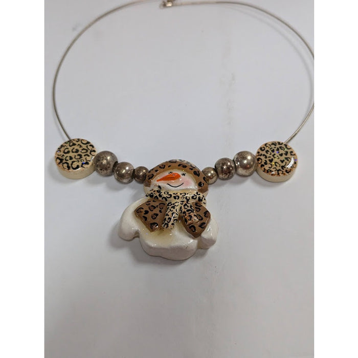 Vintage Fashion Necklace SNOWMAN in leopard scarf slides choker style winter