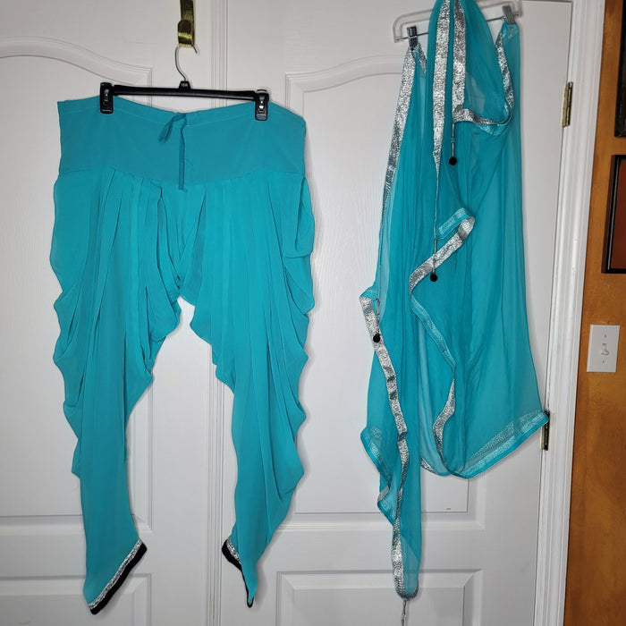 Teal 2pc. Genie boho Pants Scarf Silver sparkle Medium/Large Cinch waist harem