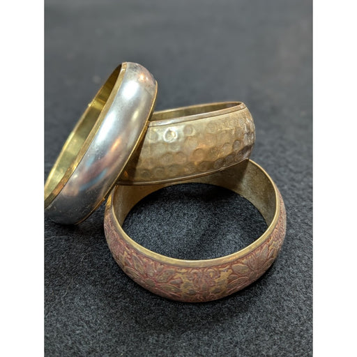 Set of 3 Brass Vintage Bracelets hammered two tone etched All Varieties