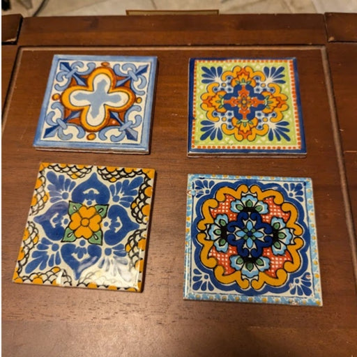 Hand-painted Mexican tiles Set of 4 New Talavera 4"x4" Multicolor Coasters Decor