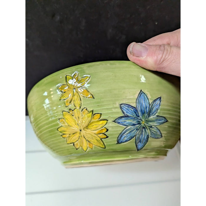 Handmade art pottery bowl Adorable floral motif large 9" clay glazed Signed