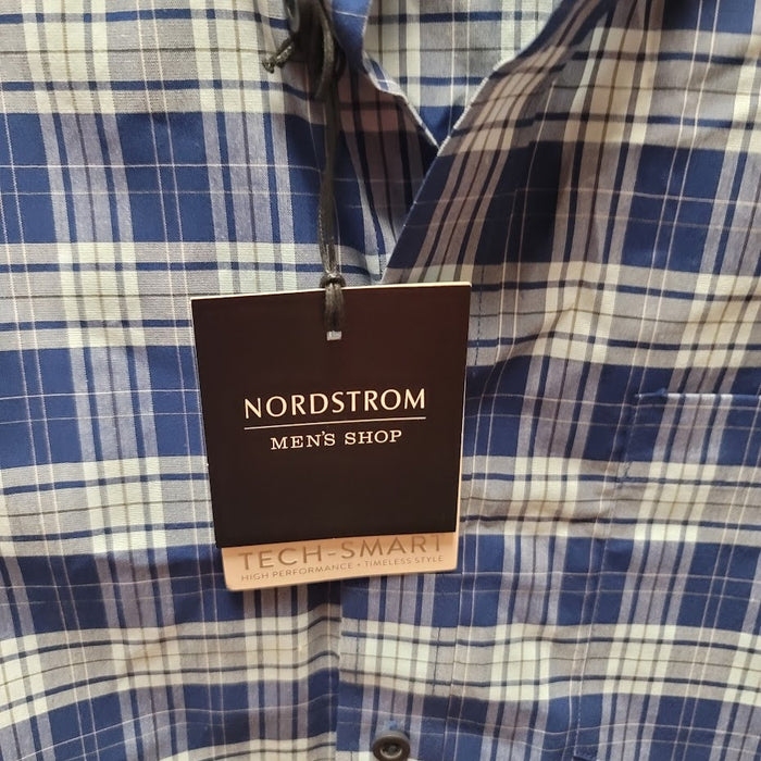 Nordstrom Men's Shop Tech-Smart Regular Fit Medium blue Plaid Dress Shirt button