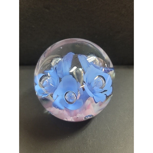 Handmade UnSigned Blue Lily Pink Clear Glass Paperweight Art Glass Pontil