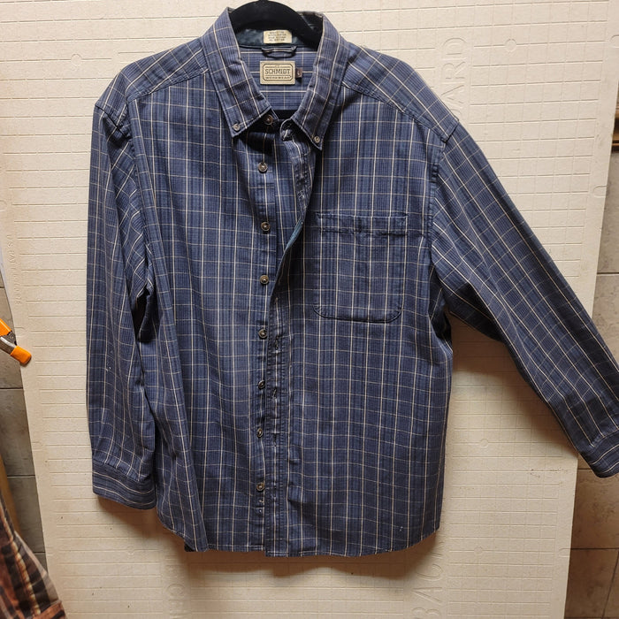 Pair men's LARGE CE Schmidt workwear shirts Long sleeve plaid lot 2 blue brown