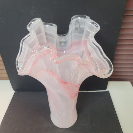 Murano art glass large vase End-of-day Slag White Pink Handkerchief Ruffle