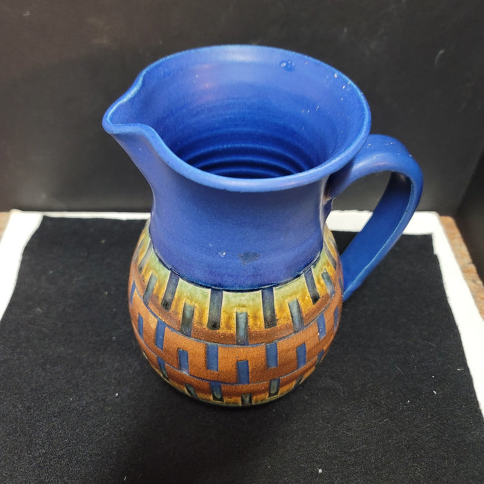 Handmade art pottery geometric blue earthtone Pitcher 8"