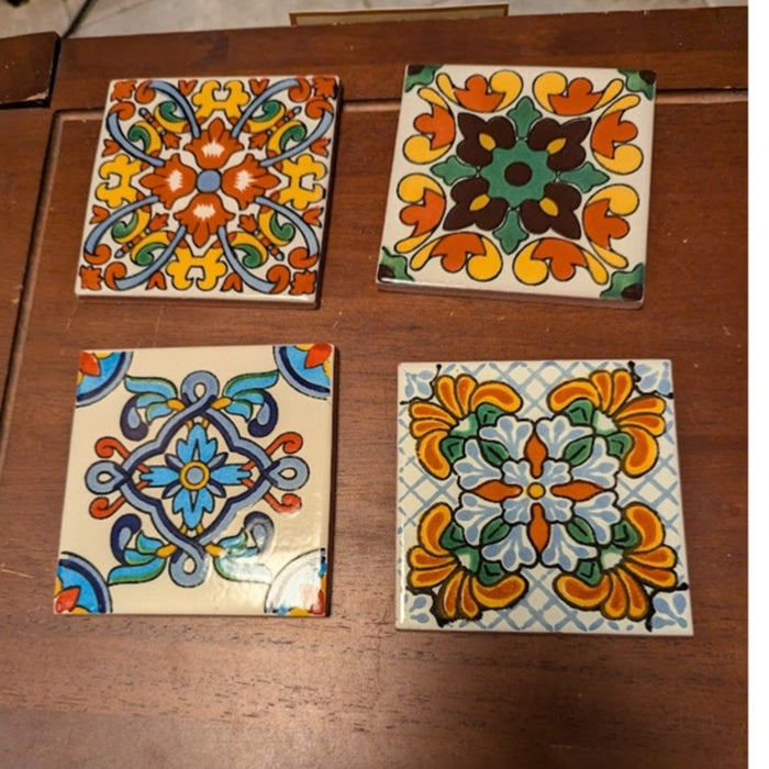 Hand-painted Mexican tiles Set of 4 New Talavera 4"x4" Multicolor Coasters Decor