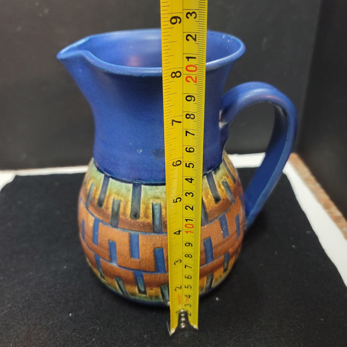 Handmade art pottery geometric blue earthtone Pitcher 8"