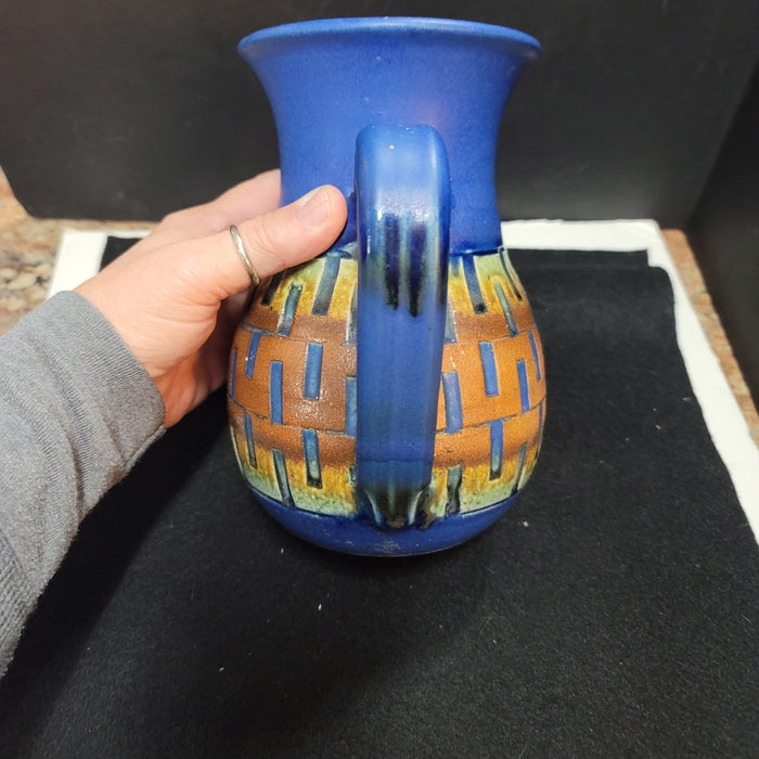 Handmade art pottery geometric blue earthtone Pitcher 8"