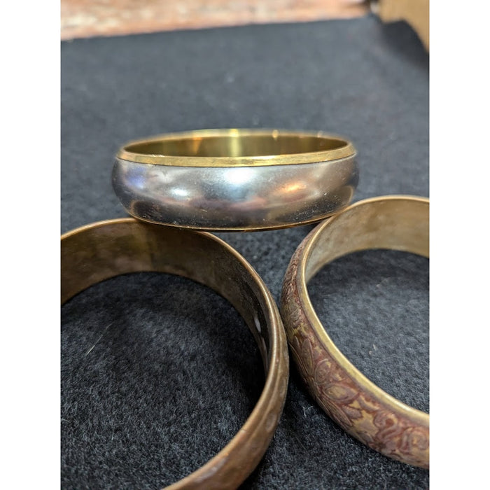 Set of 3 Brass Vintage Bracelets hammered two tone etched All Varieties