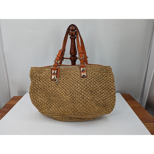 Michael Kors Santorini Large Straw Basket Tote Beach Bag Orange Leather Trim