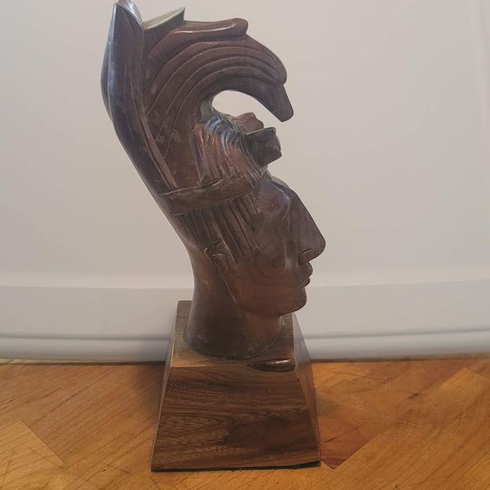 Hand Carved Wood Statue Mayan Pacal Pakal  Sculpture Bust Mexican Folk art