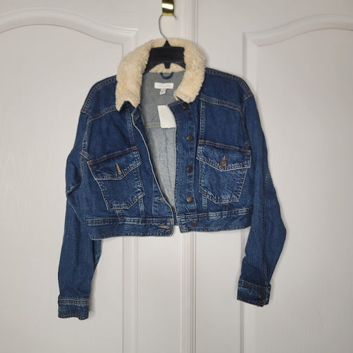 NEW Topshop sz 6 Cropped Dark Wash Heavy Denim Fleece Collar Jean trucker Jacket