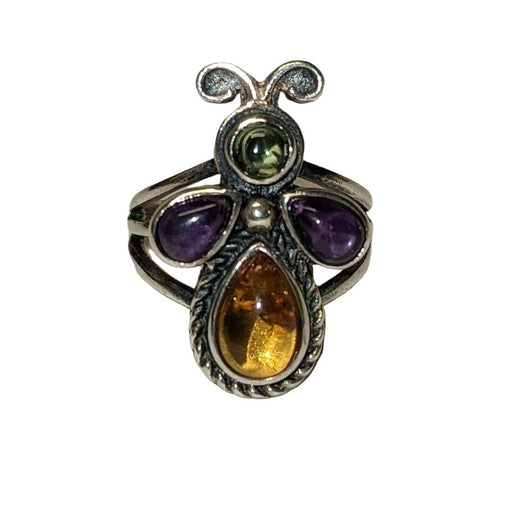 Silver Butterfly Bug 3 band Multicolor Stones Marked Amber Purple Green Size 6