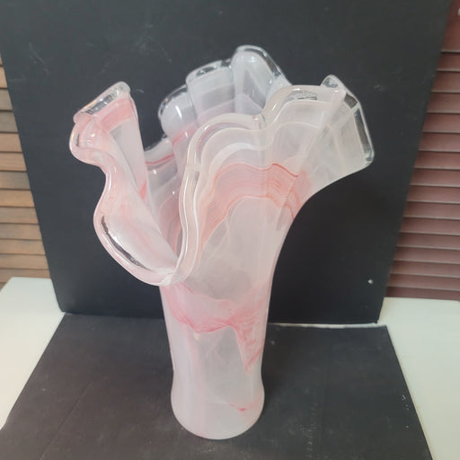 Murano art glass large vase End-of-day Slag White Pink Handkerchief Ruffle