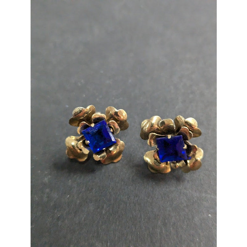 Funky Vintage Fashion SCREW post clip earrings goldton with faux blue stone