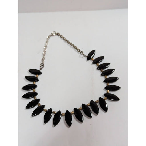 Vintage Fashion Necklace Black Obsidian glass Goldtone beads silvertone chain