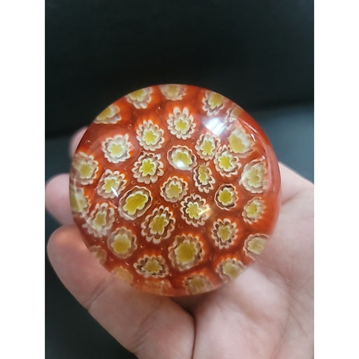 Vintage Millefiori Art Glass 2” Round Paperweight Red Yellow Flower Murano Style