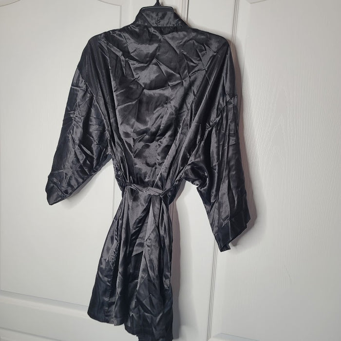 NEW Bottoms out Gal Size XL Black Short belted Robe Sateen Makeup dressing