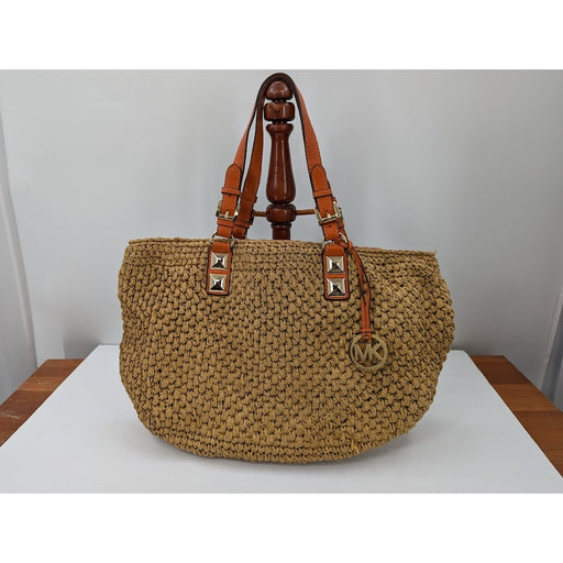 Michael Kors Santorini Large Straw Basket Tote Beach Bag Orange Leather Trim