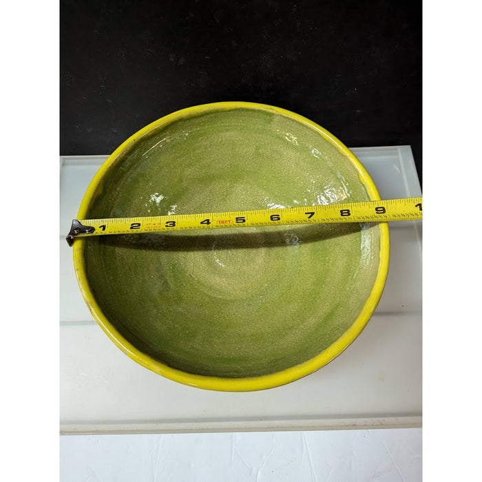 Art Pottery clay handmade bowl yellow with green interior large 9" wide sign TD