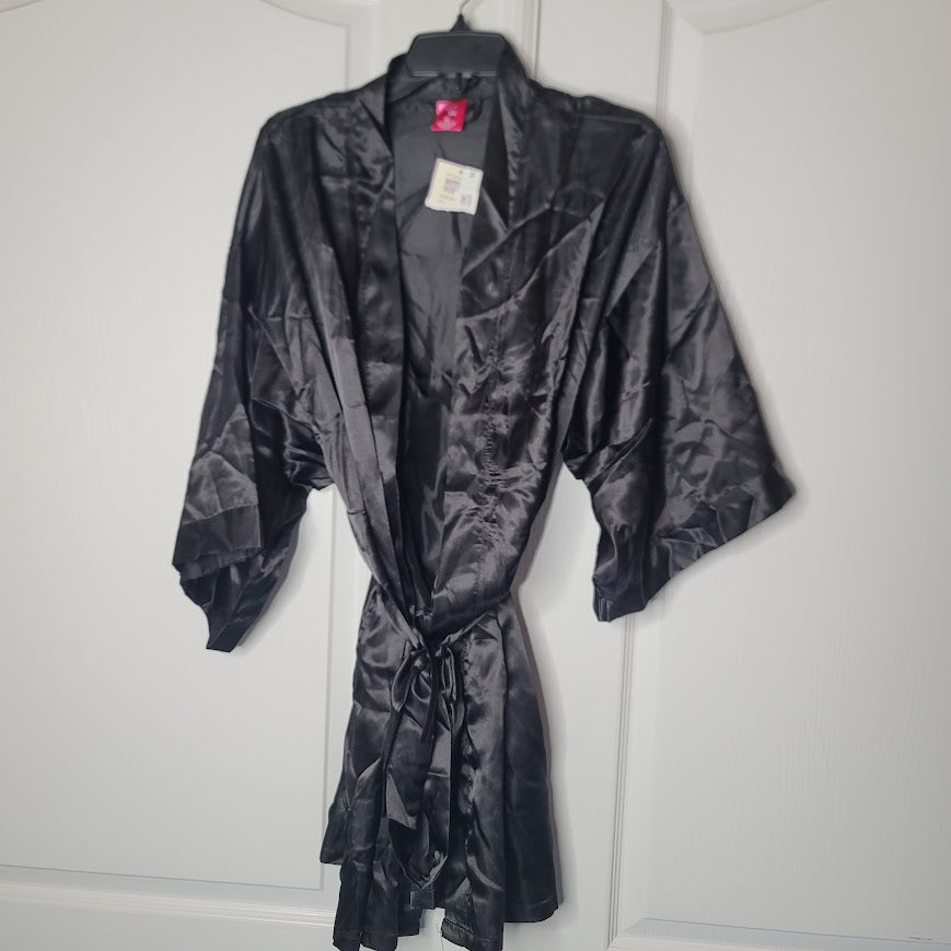 NEW Bottoms out Gal Size XL Black Short belted Robe Sateen Makeup dressing