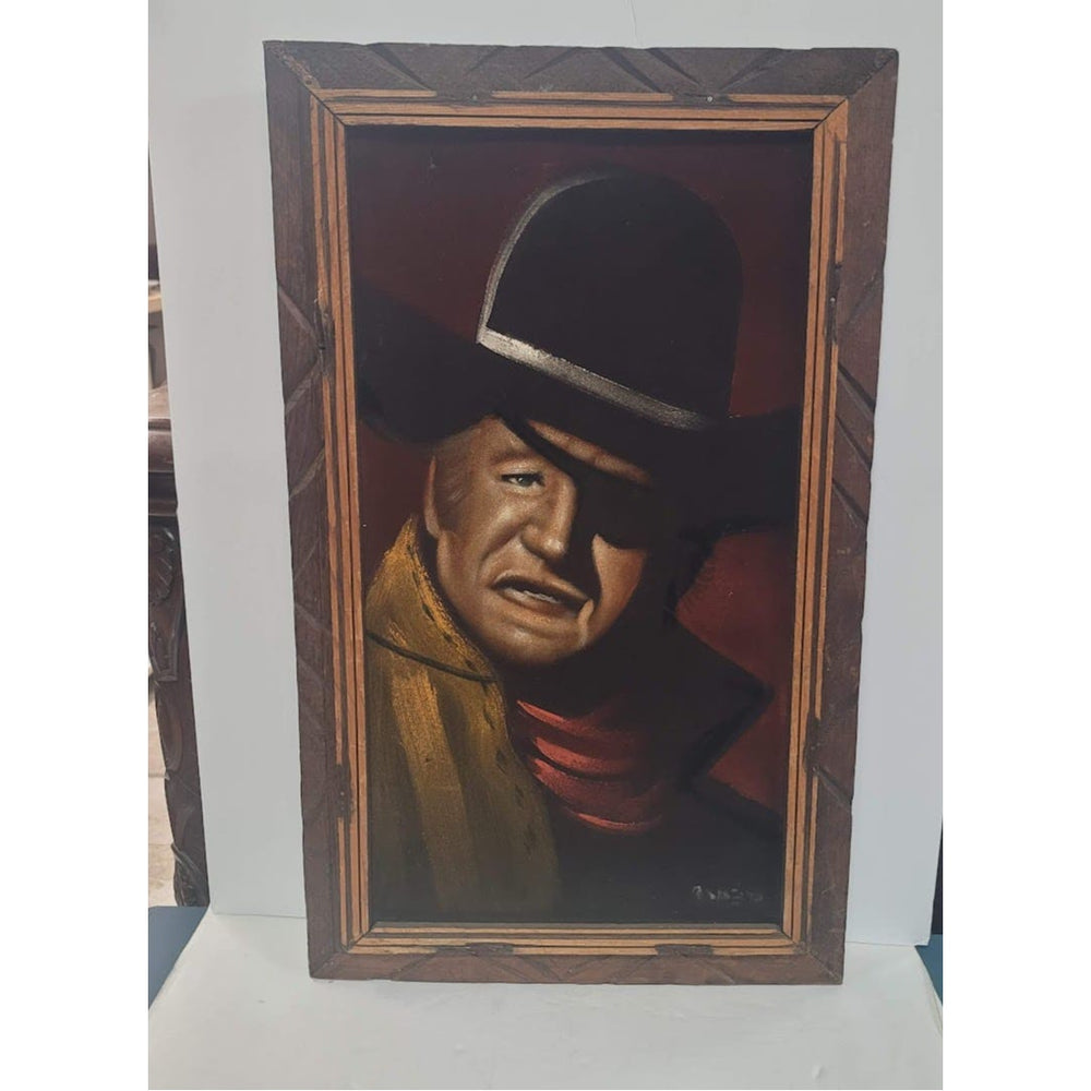 John Wayne, Rooster Cogbur in TRUE GRIT Oil Painting Velvet Mexico VTG Framed